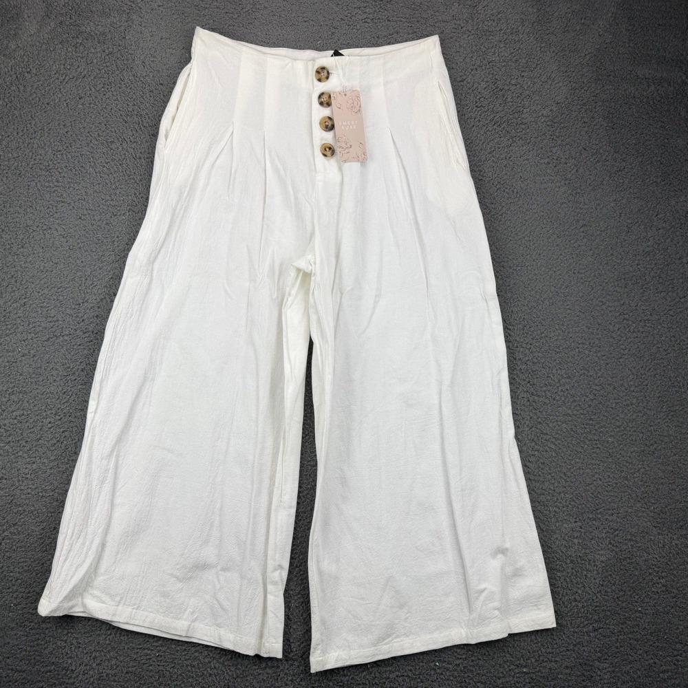 EMERY ROSE White Wide Leg Cropped Gaucho Pants Button Fly Women's Size L